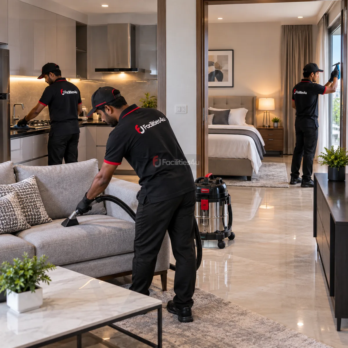 Facilities4u cleaning team in uniform at a Bengaluru apartment